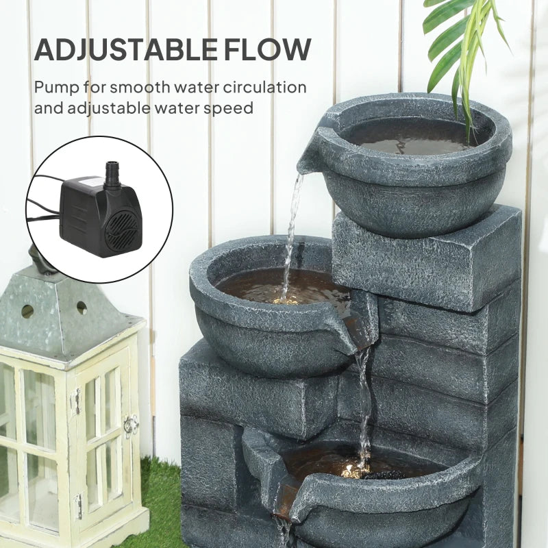 30" Tall Outdoor Water Fountain with LED Lights, 4-Tier Resin Cascading Bowls Garden Fountain Waterfall Fountain with Pump, Grey