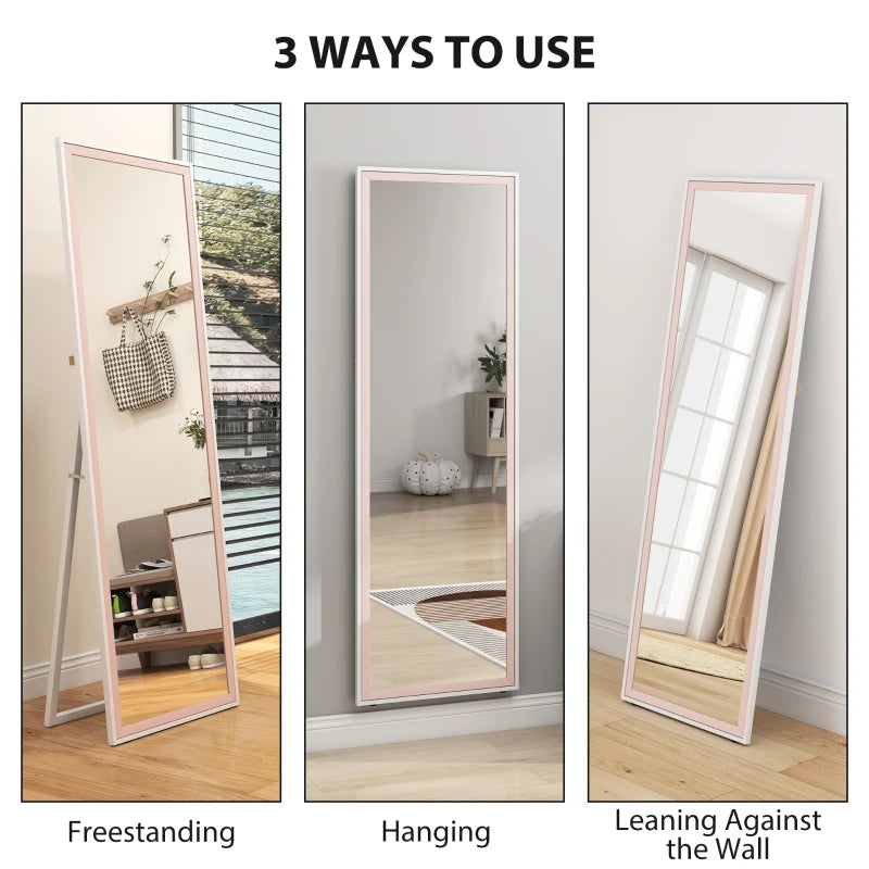 64" x 21" Full Length Mirror, Rectangular Full Body Mirror with Frame, Standing, Hanging or Leaning, White and Pink