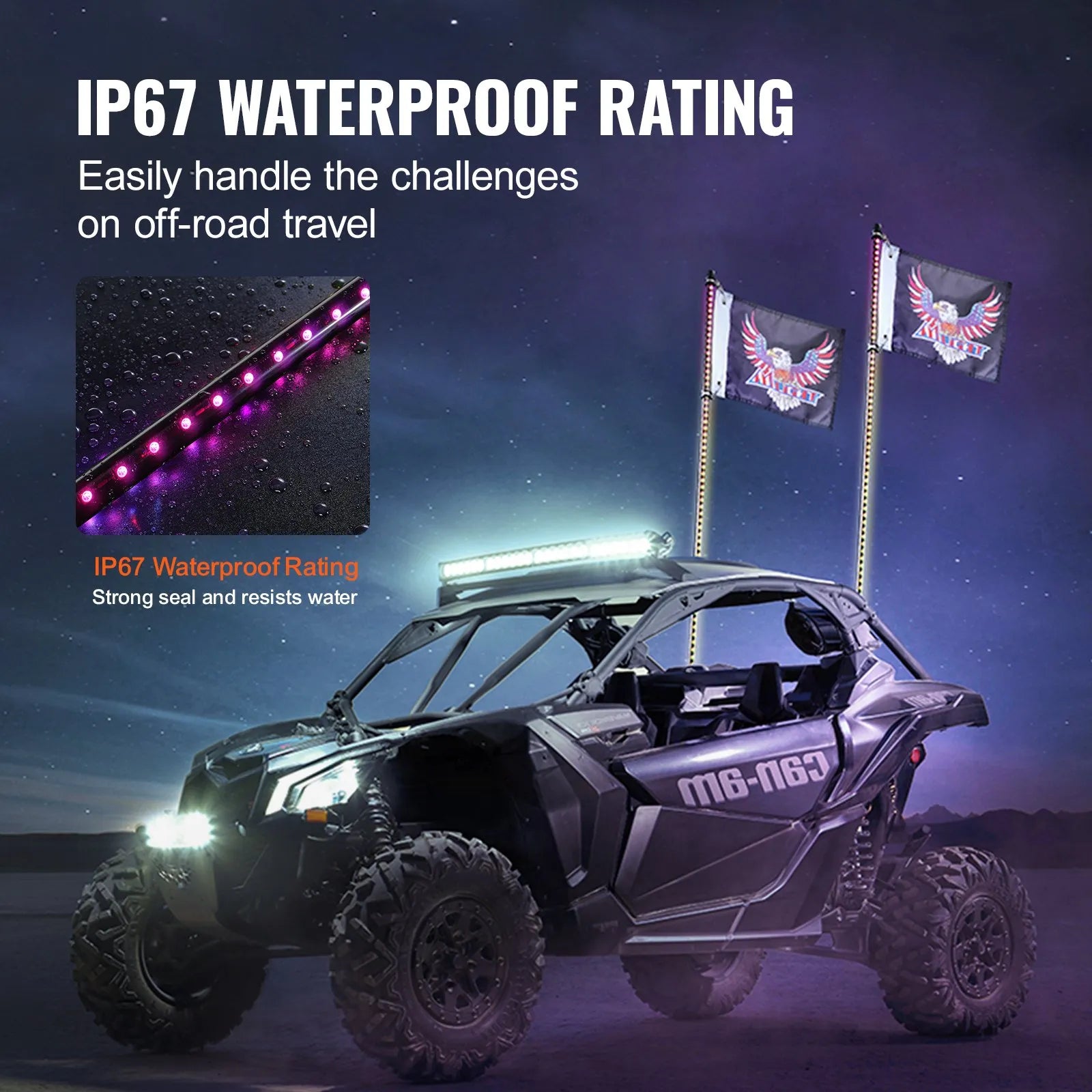 VEVOR 2 PCS 3 FT Whip Light, APP & RF Remote Control Led Whip Light, Waterproof RGB Chasing Lighted Whips with 4 Flags, for UTVs, ATVs, Motorcycles, RZR, Can-am, Trucks, Off-road, Go-karts