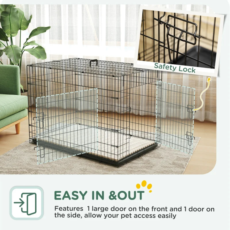 41" Dog Crate with 2 Doors, Folding Metal Dog Cage with Soft Cushion, Removable Tray, Handle, for Small Dogs, Black