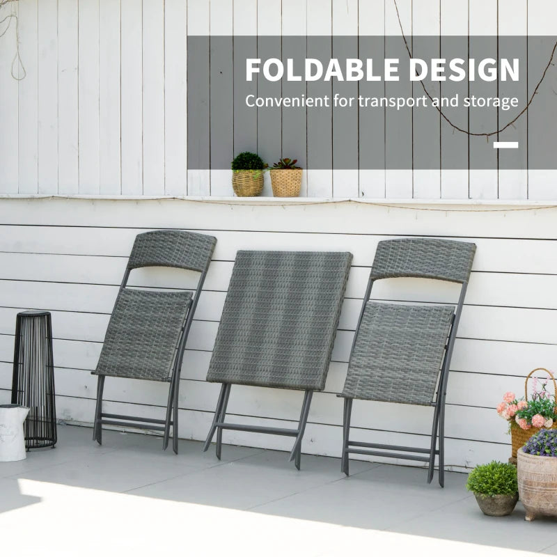 3-Piece Outdoor Folding Rattan Bistro Set, Grey