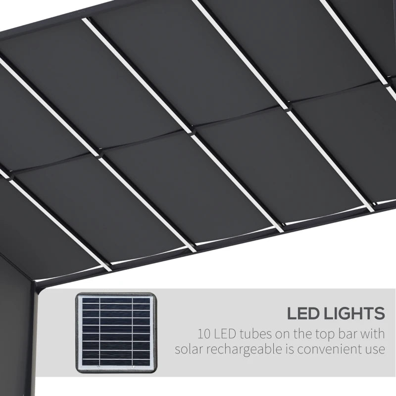 10' x 13' Outdoor Patio Pergola with Sliding Roof, LED Lights, Solar Powered for Garden, Lawn, Backyard, Dark Grey