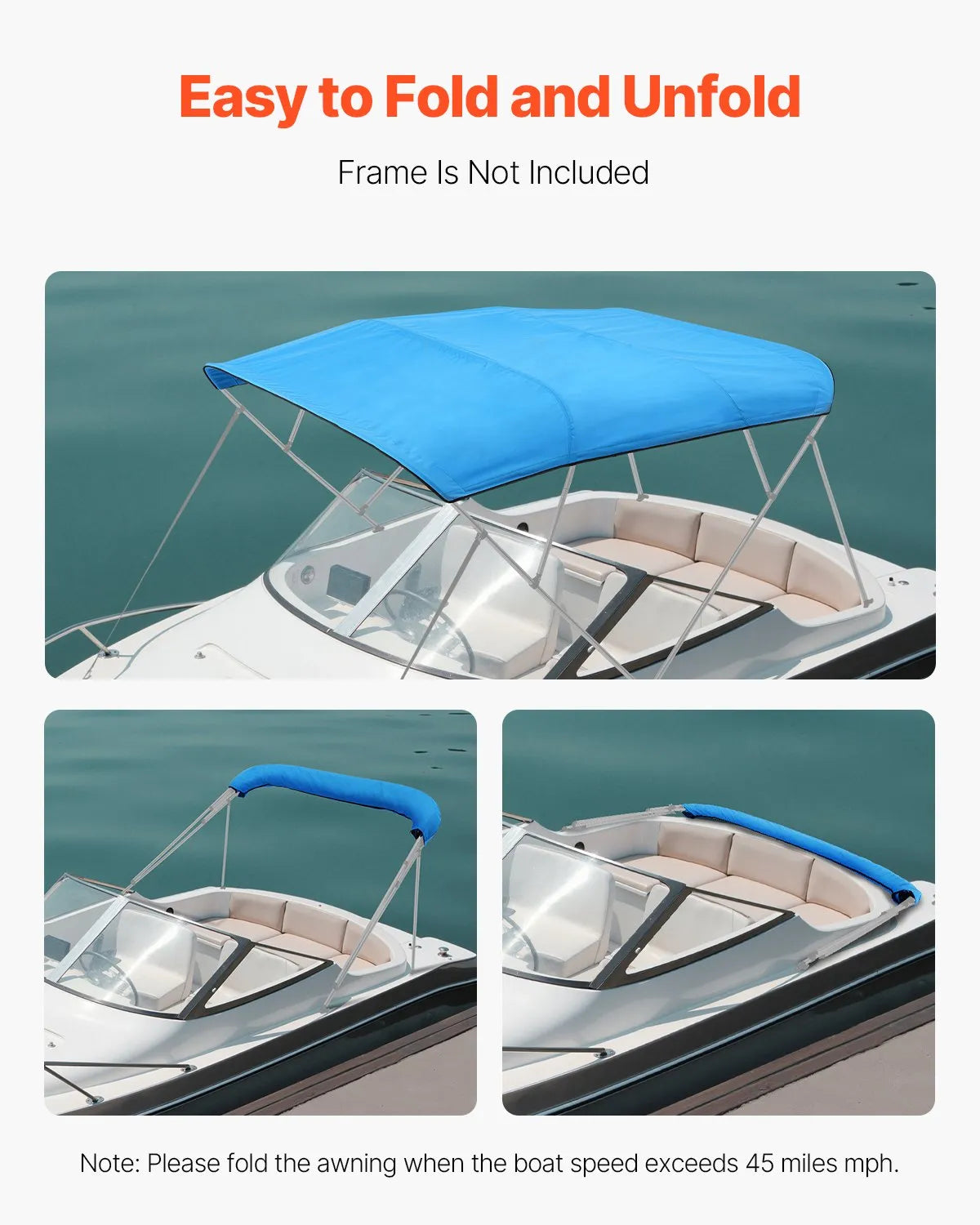 VEVOR 4 Bow Boat Bimini Tops 96"Lx(97"-103")W Awning Top Replacement Pacific Blue
