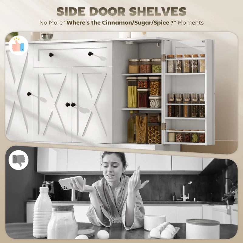Sideboard Buffet Cabinet, Farmhouse Coffee Bar Cabinet with Door Shelves, Adjustable Shelves, Drawer, Barn Doors, White