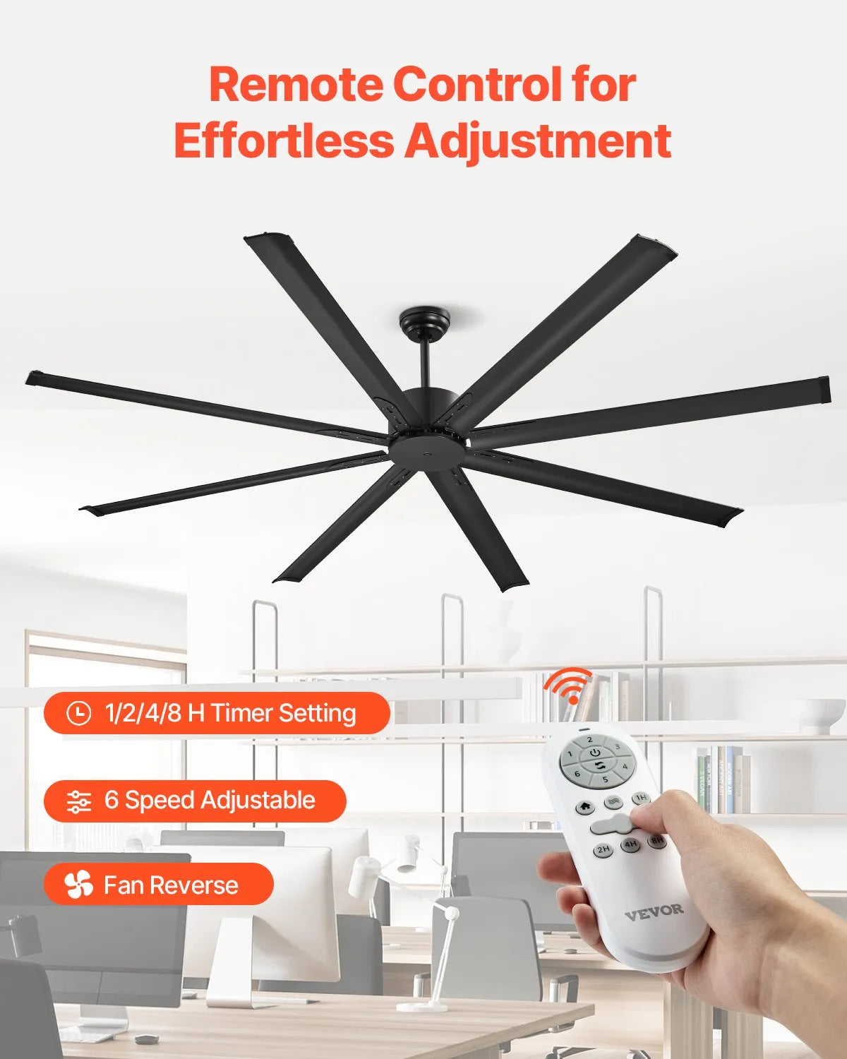 VEVOR 84" Aluminum Ceiling Fan No Light Remote Control Reversible DC Motor Black