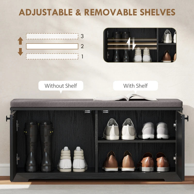 Shoe Storage Bench with Padded Seat, Entryway Bench Holds up to 352 lb, Shoe Organizer, 8 Pairs, Black Wood Grain