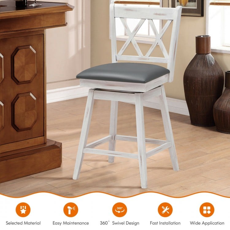 2 Pieces 24 Inch Swivel Counter Height Barstool Set with Rubber Wood Legs-White