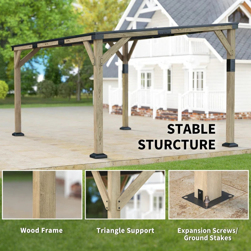 14' x 10' Gazebo, Lean to Galvanized Steel Hardtop Gazebo Pergola with Wood Frame, Patio Gazebo Awning, Dark Grey