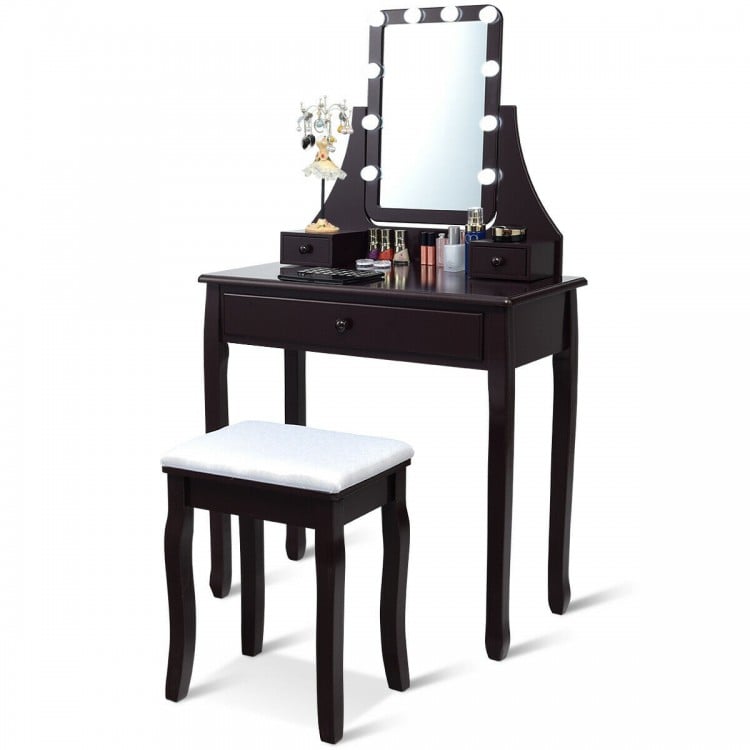 10 LED Lighted Mirror and 3 Drawers Vanity Table Set-Brown