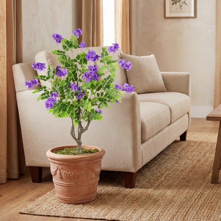 2 Pack Artificial Locust Flower Trees 39 Inch Fake Evergreen Shrubs with Ground Spikes-Purple