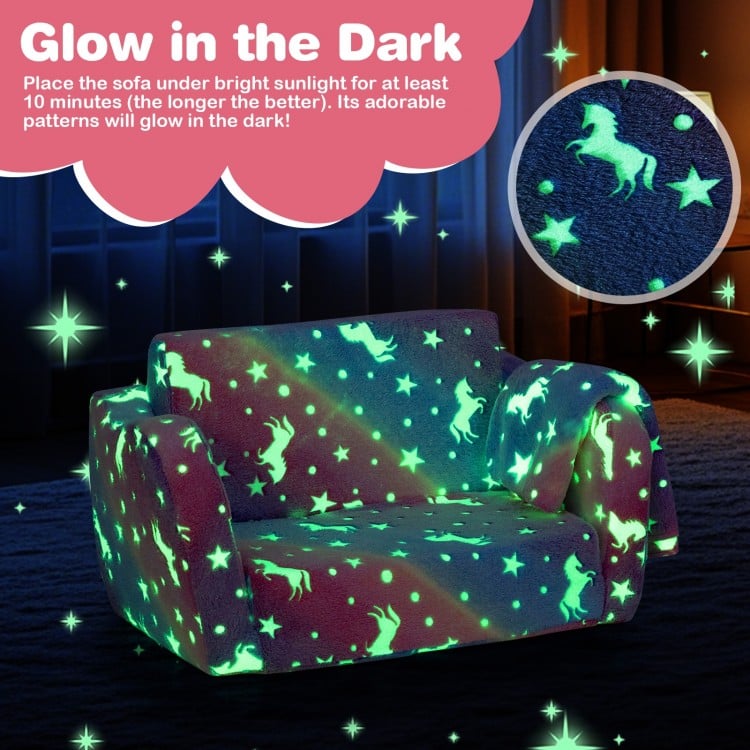 2-in-1 Folding Kids Couch with Blanket Glow in the Dark-Multicolor