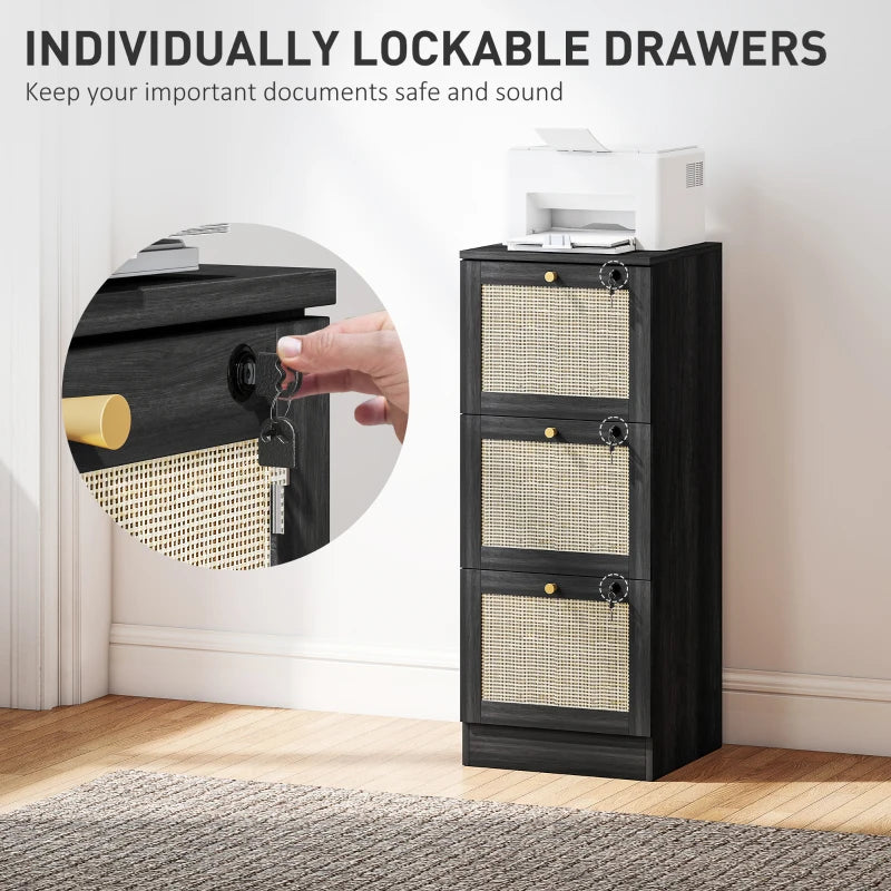 3 Drawer Filing Cabinet with Lock, Boho File Cabinet for A4 Letter Size Files with Decorative Rattan Accents, Black