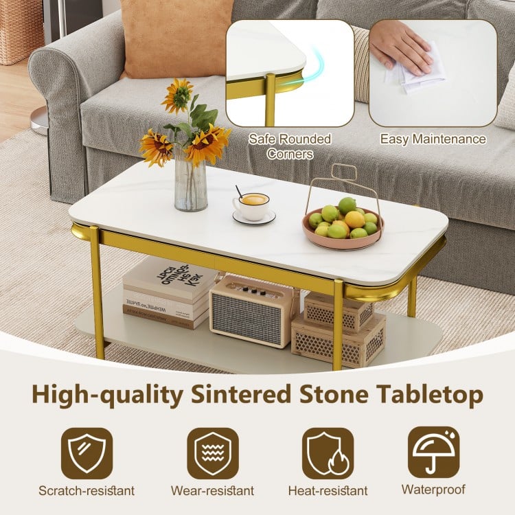 2-Tier Modern Rectangular Coffee Table with Sintered Stone Top-White