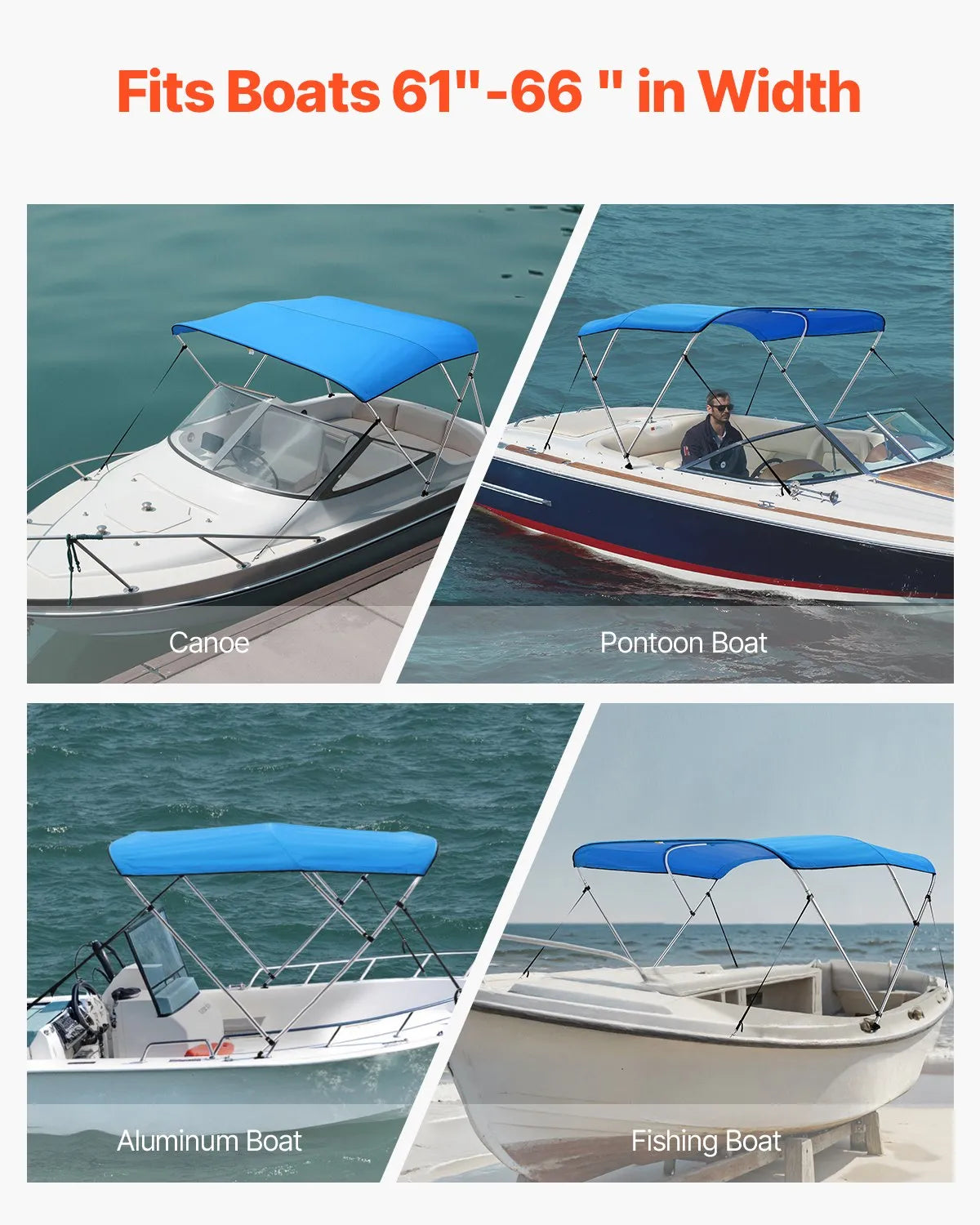 VEVOR 3 Bow Boat Bimini Tops 6'Lx(61"-66")W x 46"H Awning Canopy Pacific Blue