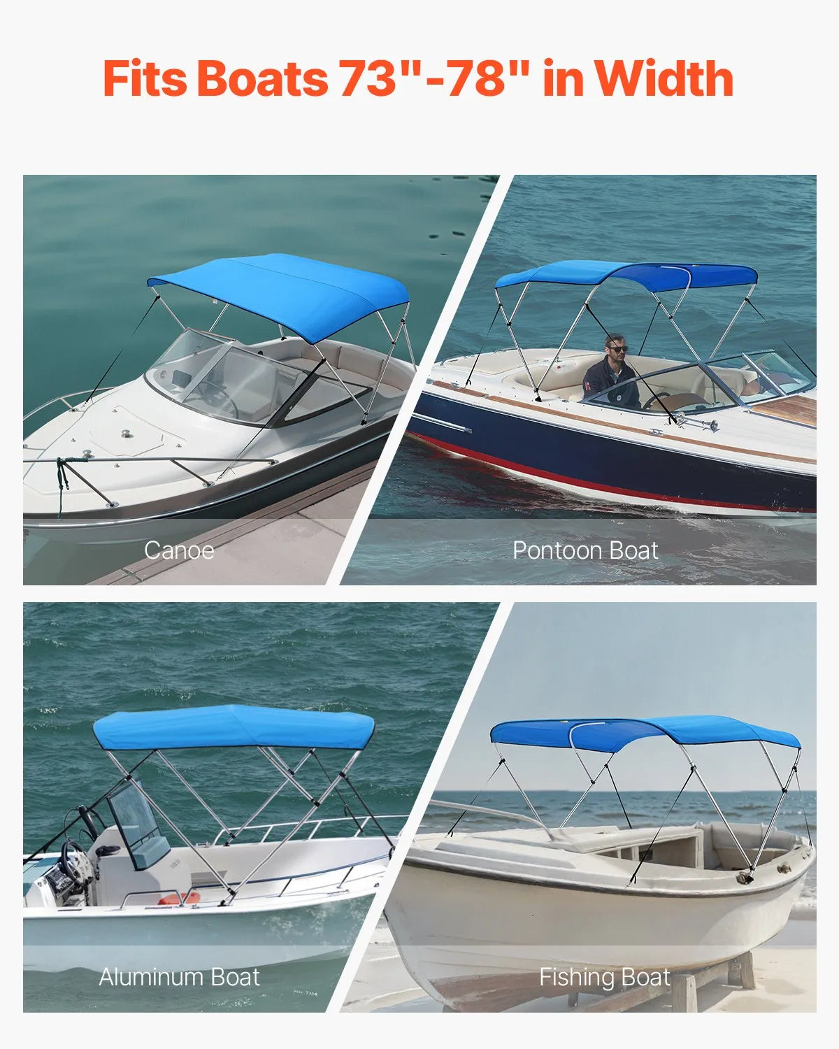 VEVOR 3 Bow Boat Bimini Tops 72"Lx(73"-78")W x 46"H Awning Canopy Pacific Blue