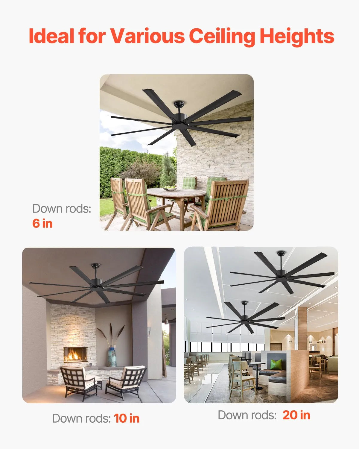 VEVOR 84" Aluminum Ceiling Fan No Light Remote Control Reversible DC Motor Black