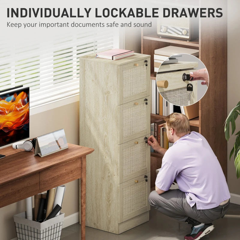 4 Drawer Filing Cabinet with Lock, Boho File Cabinet for A4 Letter Size Files with Decorative Rattan Accents, Oak