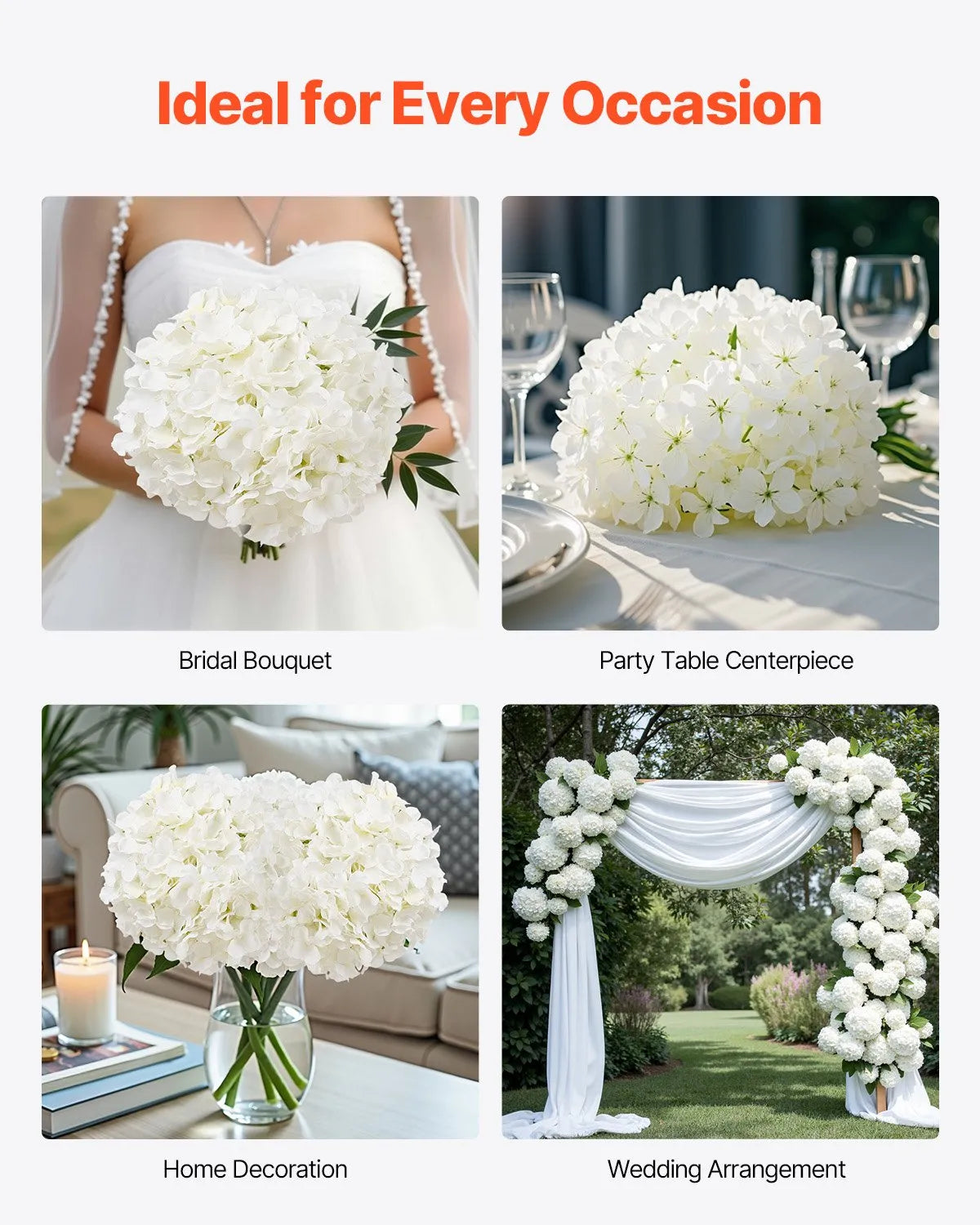 VEVOR 205 Pcs Artificial Silk Hydrangea Flowers 9.8 In Bouquet Arrangement White