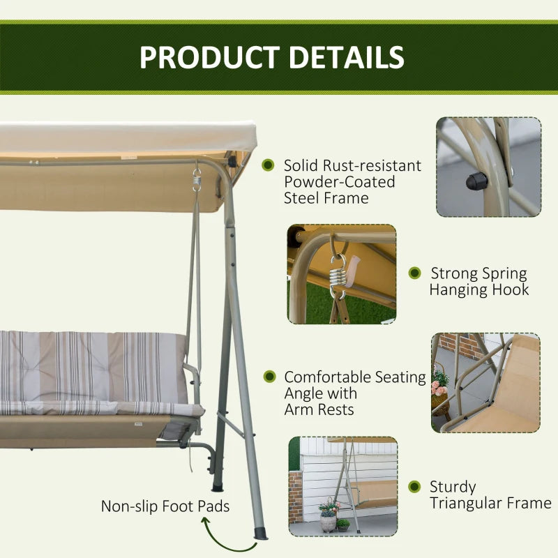 3-Seat Patio Swing Chair, Outdoor Porch Swing Glider with Adjustable Canopy, Light Brown