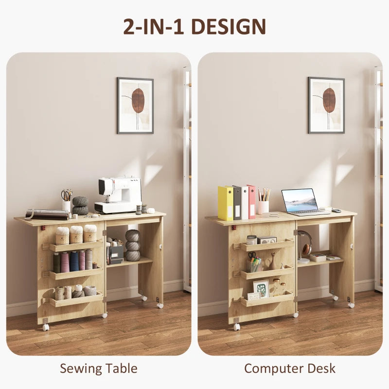 Sewing Machine Cabinet, Folding Sewing Table with Storage Shelf, Bins and Lockable Wheels for Small Space, Nature Wood
