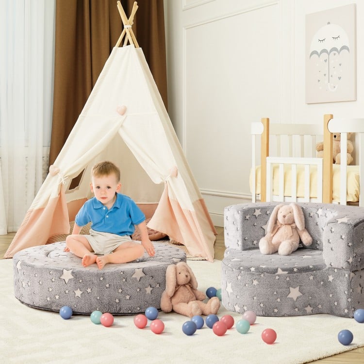 2-in-1 Toddler Chair Glow in the Dark Kids Couch with Cover Convertible Sofa-Gray