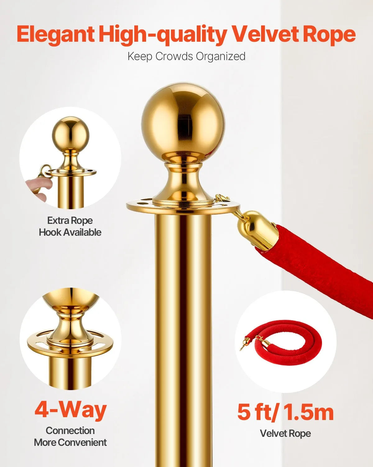 VEVOR 8 Pcs Gold Stanchion Post 6 Red Velvet Ropes Sand Injection Hollow Base