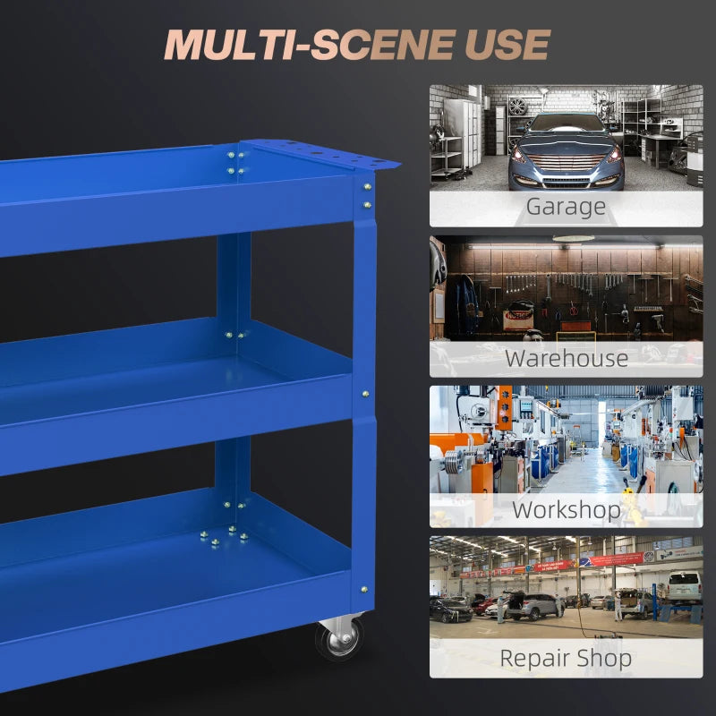 3 Tier Rolling Tool Cart with Wheels, 330 LBS Capacity Heavy Duty Utility Cart, Mobile Service Cart for Garage, Blue