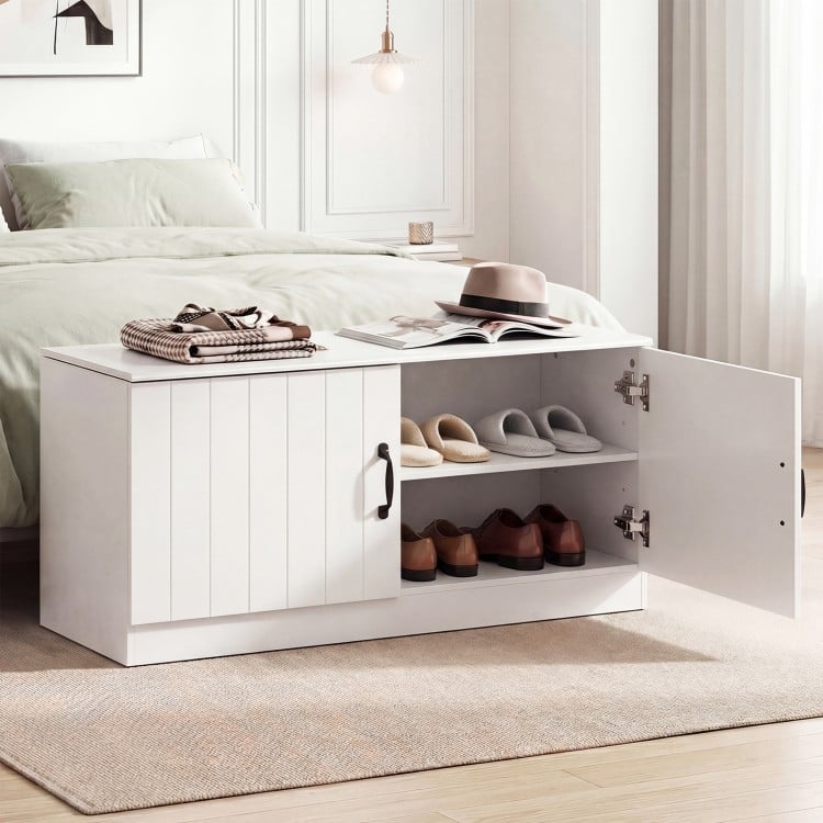 2-Door Shoe Bench Shoe Storage Cabinet with Adjustable Shelves-White