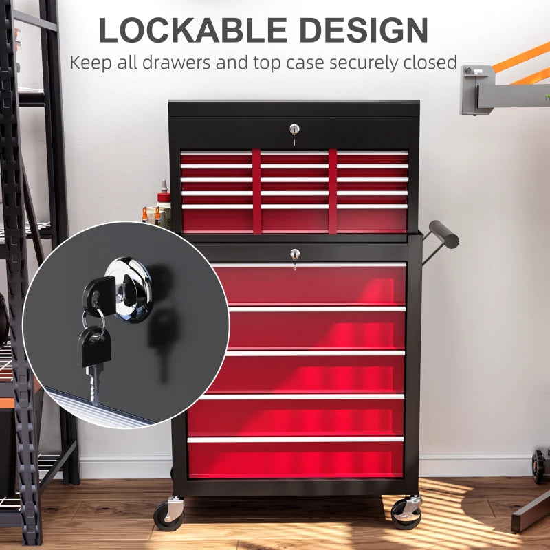 14 Drawer Rolling Tool Chest, Lockable Tool Storage Cabinet with Detachable Top Toolbox, Protective Liner, Red