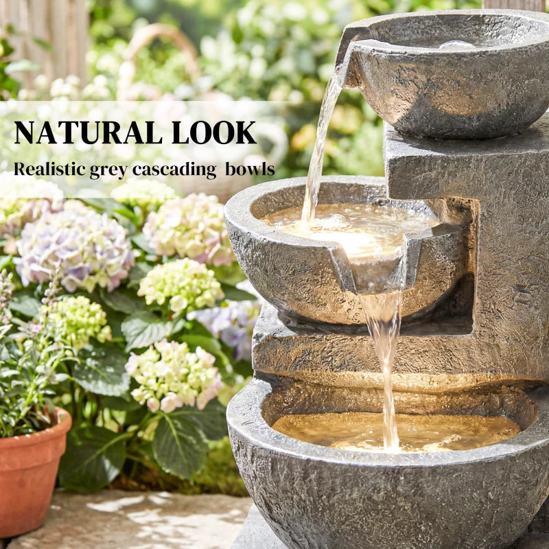 3-Tier Outdoor Water Fountain, Garden Waterfall Fountain with LED Lights and Pump, Indoor Freestanding Resin Waterfall