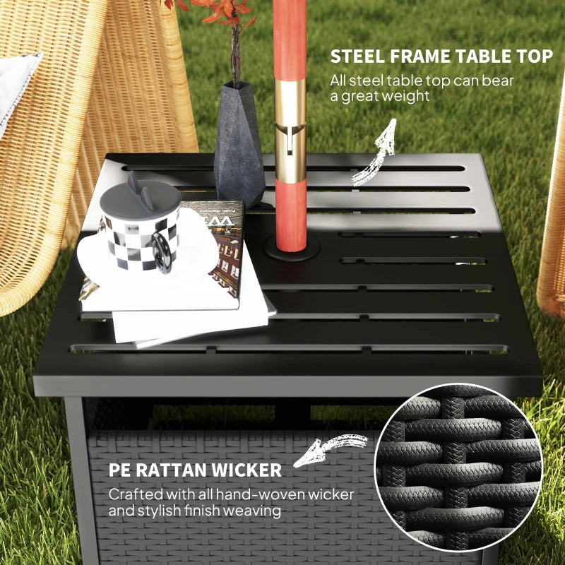 21.75" Outdoor Rattan Wicker Patio Coffee Table with Umbrella Hole, Patio Side Table with Slatted Metal Top, Black