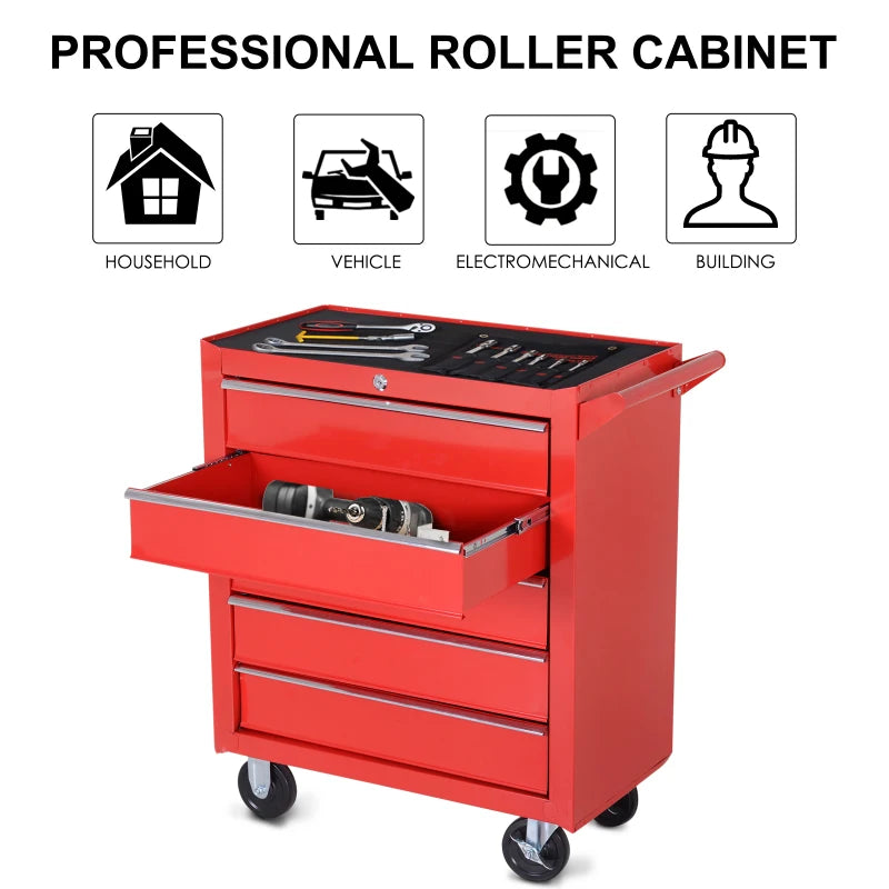 5 Drawer Roller Tool Chest, Mobile Lockable Toolbox, Storage Organizer with Handle for Workshop Mechanics Garage, Red