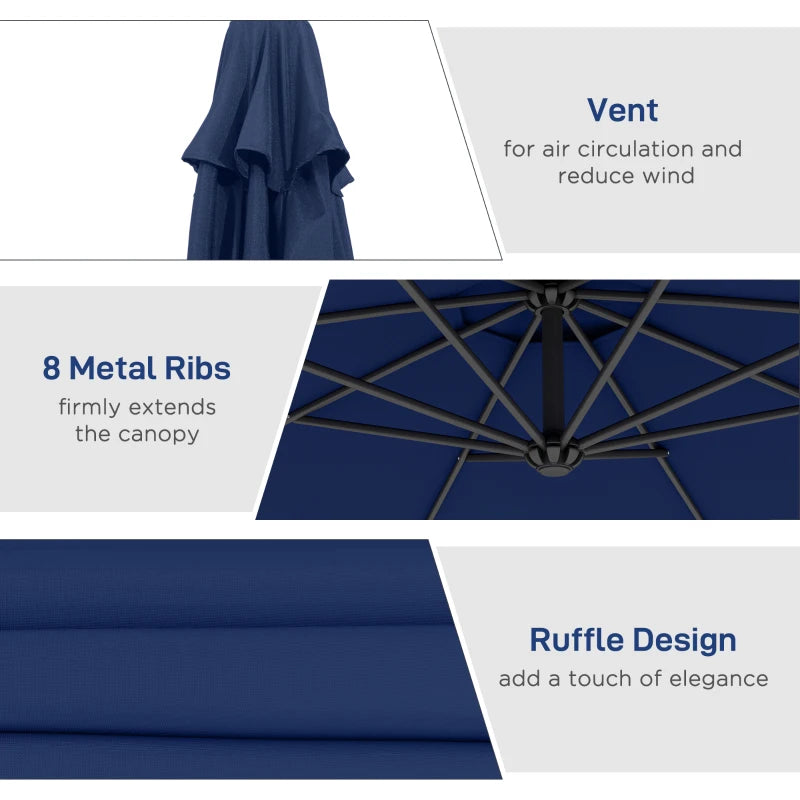 10' Deluxe Patio Umbrella, Outdoor Market Parasol, Banana Hanging Offset Sunshade with Crank, Cross Base, Navy Blue