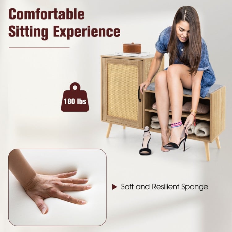 2-in-1 Rattan Shoe Cabinet with Bench Shoe Storage Bench with Washable Cushion-Natural