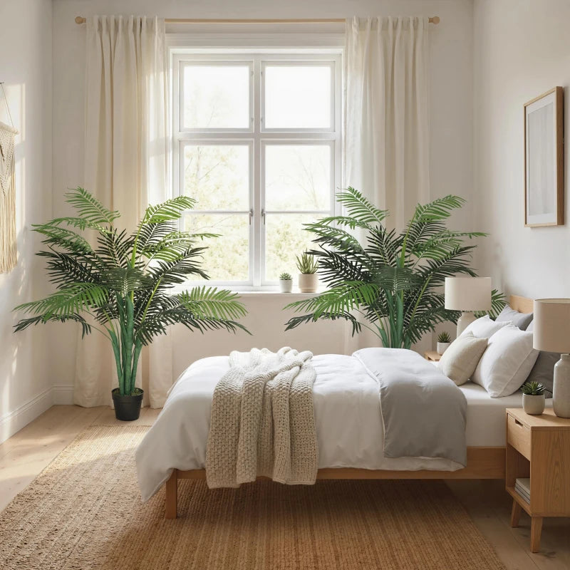 4FT Artificial Palm Tree Set of 2, Fake Tropical Tree with Lifelike Leaves, Faux Plant in Pot for Indoor Decoration, Green