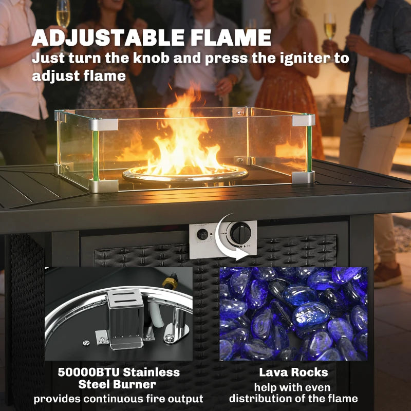 32" Propane Gas Fire Pit Table, 50,000 BTU Square Patio Table with Fire Pit, Wind Guard, Lid, CSA Certified, Black