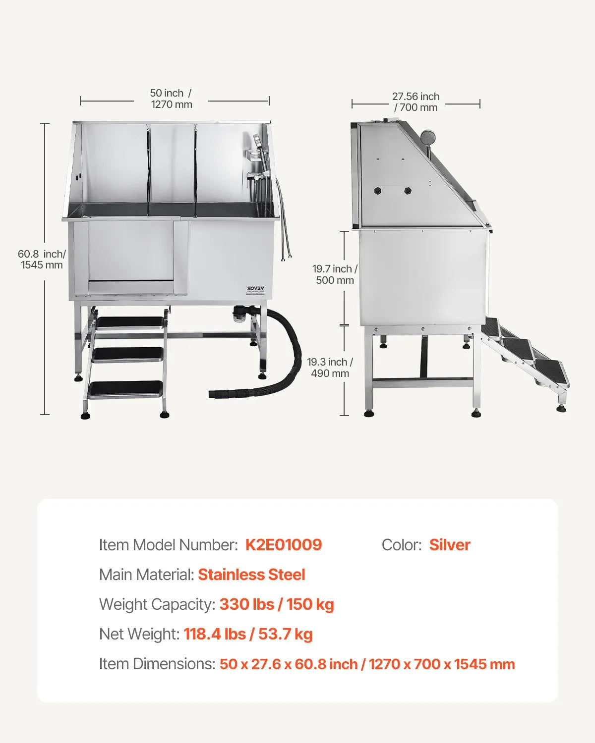 VEVOR 50 Inch Dog Grooming Bath Tub Stainless Steel w Stairs Water Filter Left