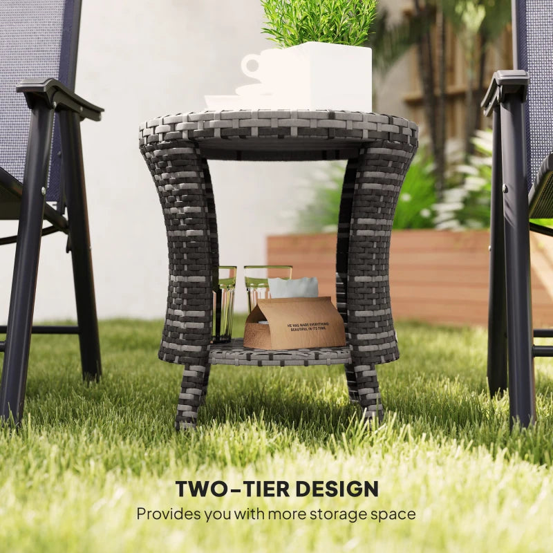 18" Wicker Outdoor Coffee Table, PE Rattan Patio Side Table with 2-Tier Storage, Composite Wood Top, Grey