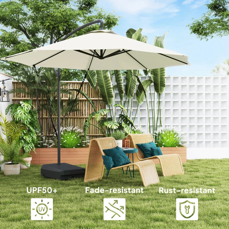 10FT Cantilever Umbrella with Fillable Base, Wind Strap and Cover, Offset Hanging Umbrella with Crank, Cream White