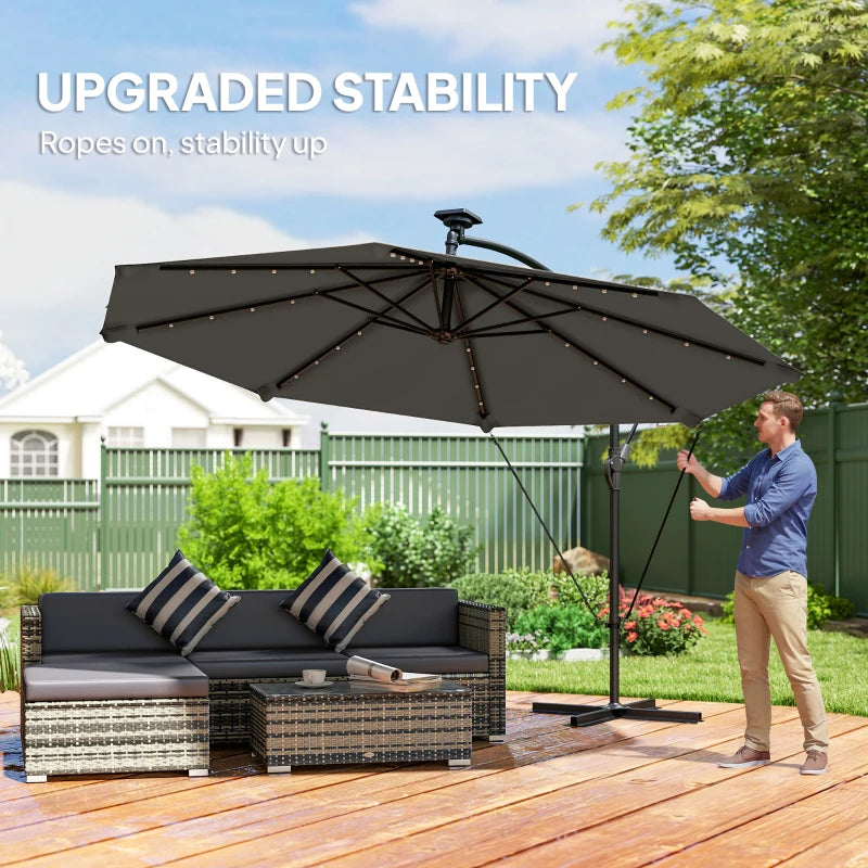 11.3 ft Cantilever Patio Umbrella with Light, Cover, Aluminium UPF50+ Offset Outdoor Umbrella Parasol, Dark Grey