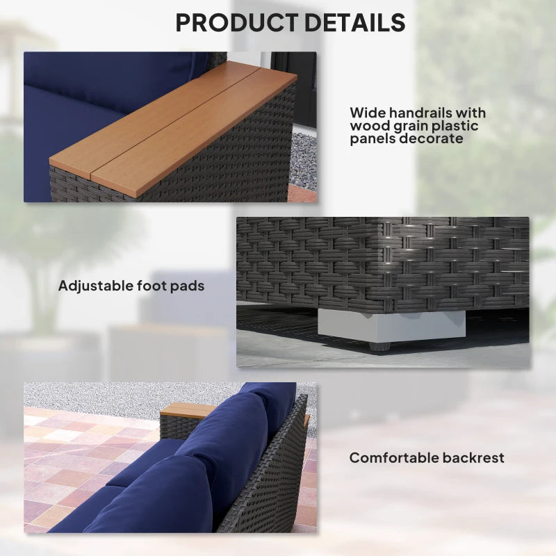 3-Seater Outdoor Sofa Couch, PE Wicker Patio Sofa with Cushions, Wood Grain Armrests, Dark Blue