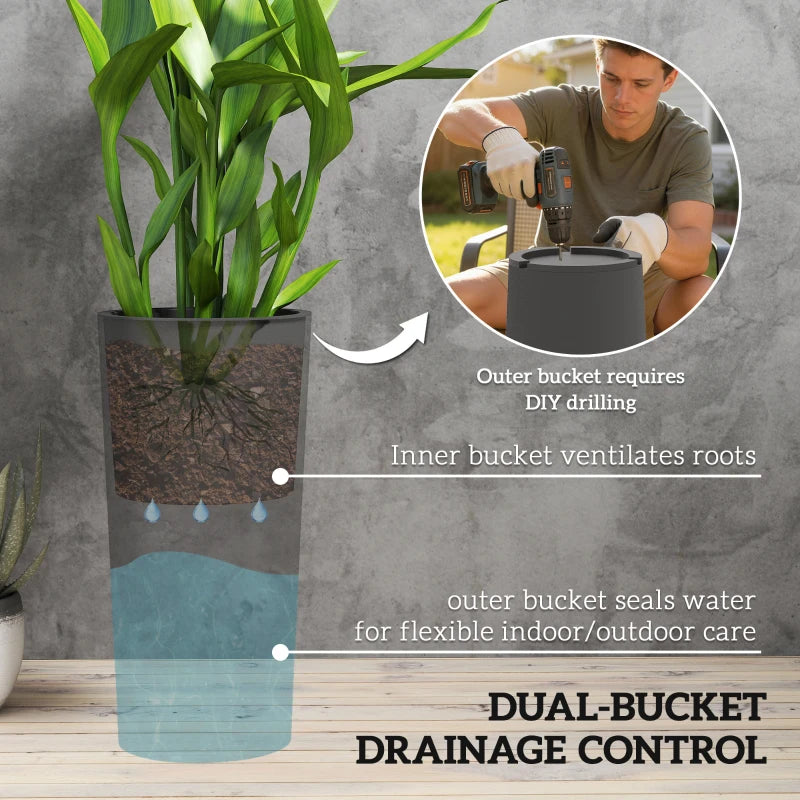 24" Tall Planters Set of 2, Indoor Outdoor Plastic Flower Pots with Inner Bucket and Drainage Holes, Dark Gray