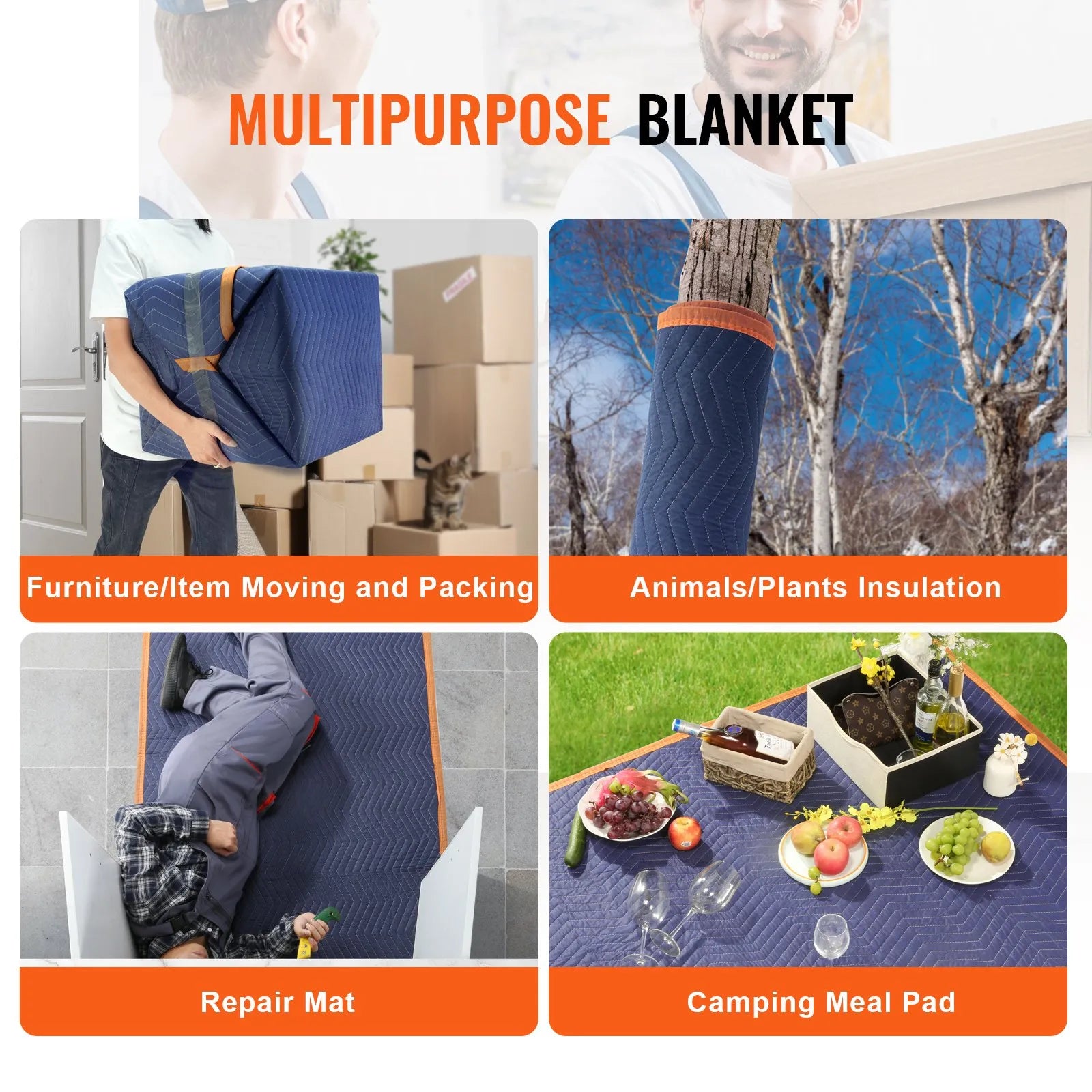 VEVOR Moving Blankets, 80" x 72", 65 lbs/dz Weight, 12 Packs, Professional Non-Woven & Recycled Cotton Packing Blanket, Heavy Duty Mover Pads for Protecting Furniture, Floors, Appliances, Blue/Orange