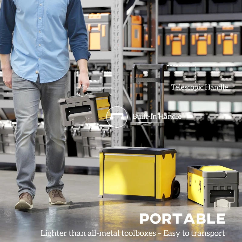 3-in-1 Tool Box with Wheels, Stackable, Modular Steel Toolbox with Tray, Handles, Latches for Workshop, Garage, Yellow