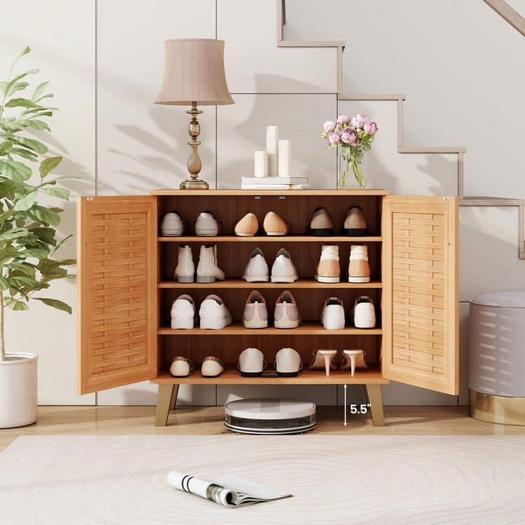 2-Door 4-Tier Shoe Cabinet Storage Organizer with Ventilated Woven Doors-Teak