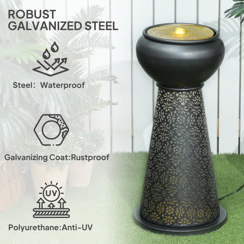 28" Tall Outdoor Water Fountain with LED Lights, Bowl Garden Waterfall Fountain with Adjustable Flow, Outdoor Water Feature with Cut-out Floral Base, Dark Grey and Yellow