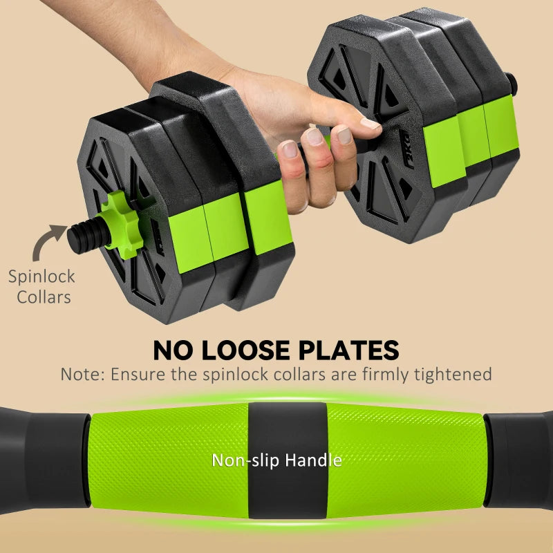 Soozier 6-in-1 Adjustable Dumbbell Set, Used as Kettlebell, Barbell, Dumbbell, Push-Up Stand, 44lbs Free Weights Set, Green