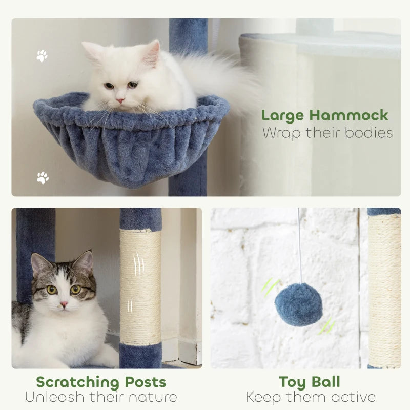 48" Modern Cat Tree with Condo, Hammock, Perch, Sisal Scratching Posts, Toy Ball, for Indoor Cats, Blue and Grey