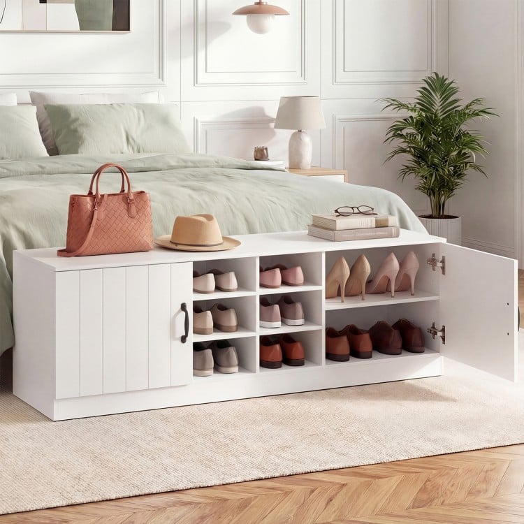 2-Door Shoe Bench Storage Cabinet with Adjustable Shelves-White