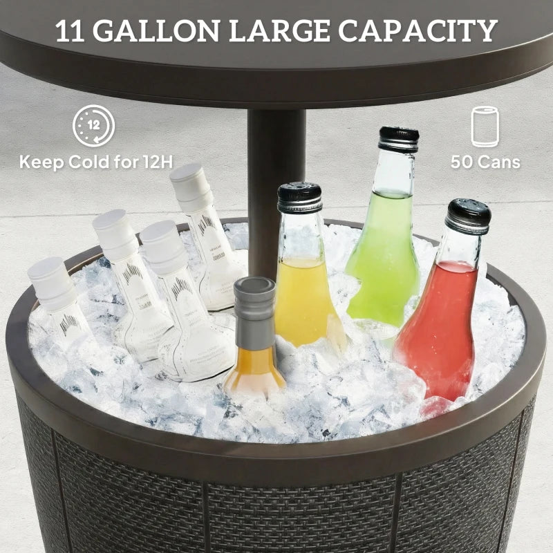 11 Gallon Patio Cooler Side Table, Outdoor Cooler Bar Table with Height Adjustable Top, Drainage Plug, Brown